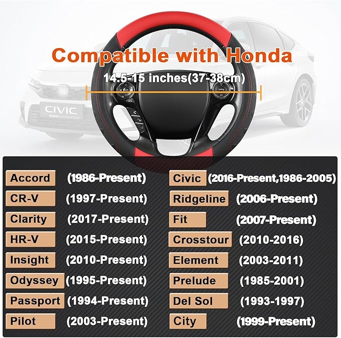 GIANT PANDA Microfiber Leather Steering Wheel Cover for Honda Accord,Civic,CR-V,HR-V,Pilot(Black+Red-Standard Size)