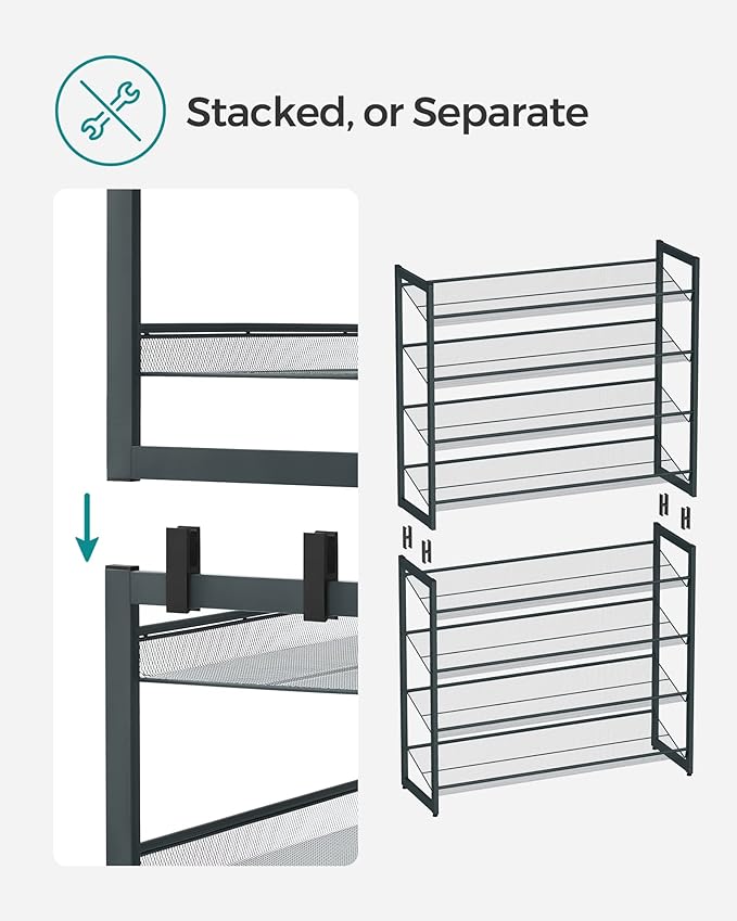 SONGMICS Shoe Rack, 8-Tier Shoe Organizer, Metal Rack for Garage, Set of 2, 4-Tier Stackable Shelf, with Adjustable Flat or A