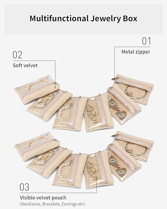 VLANDO Jewelry Travel Case,Travel Jewelry Organizer with Clear Velvet Jewelry Bags Zipper Pouch for Women Girl Gift 12Pcs Bag