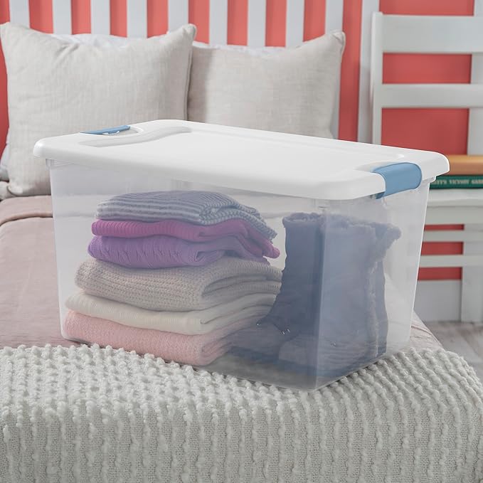 Sterilite 24-Pack Latching Box, Under Bed Storage Bins with Lids, Clear Plastic, 64 Quart - Heavy-Duty Organizing Containers 