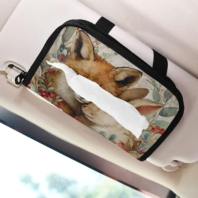 Car Tissue Holder Car Visor Organizer Tissue Box Holder for Car Sun Visor Organizer with Car Vehicle Accessories Essentials Interior for Women Men Fox Bunny Holly Fruit Beige