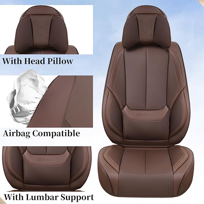Coverado Front and Back Seat Covers 5 Pieces, Waterproof Nappa Leather Auto Seat Protectors Full Set with Head Pillow, Univer