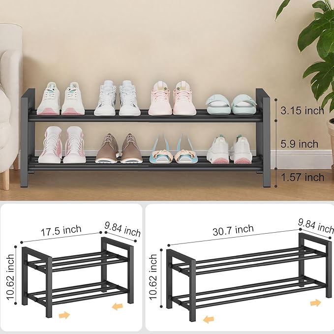 Detsuk 2-Tier Expandable Shoe Rack (17.5"-30.7") – Adjustable Heavy-Duty Metal Shoe Organizer Shelf for Closet, Entryway, Mud