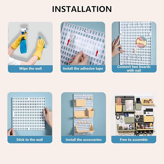 PegBoard Wall Organizer, Plastic Wall Pegboard Kit, 2 White Pegboard and 10 Pegboard Accessories, Wall Mount Pegboard with Ho