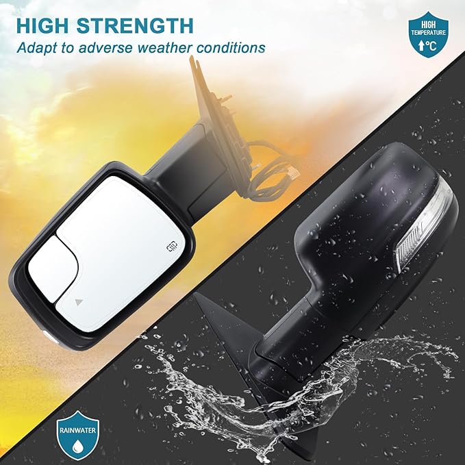Left Driver Side Mirror Fits 2019-2026 Ram 1500 With Power Folding Heated Turn Signal Puddle Light Blind Spot Temperature Sensor Matte Black Replace#68462771AB(9+6Pins)