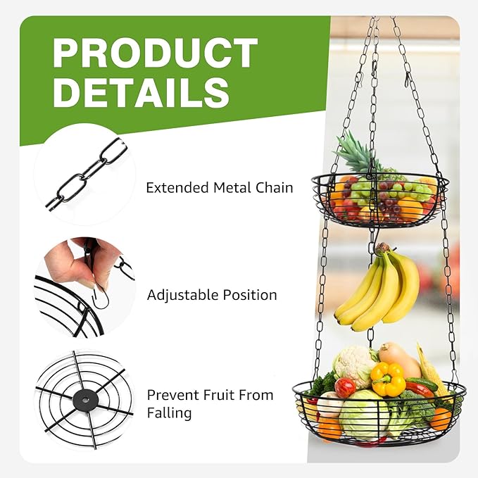 HULISEN 3 Tier Hanging Fruit Basket with Banana Hook, 36-Inch Heavy-Duty Wire Hanging Baskets for Kitchen Storage, Vegetable 