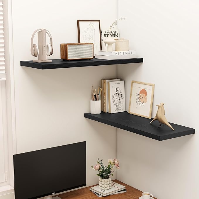 Dreamland 36" Floating Shelves for Wall, 12" Deep Slim Black Floating Shelves, Wall-Mounted Shelves for Bedroom, Living Room,