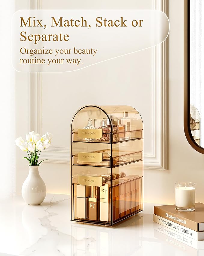 Makeup Organizer Countertop with Drawers & Lid, Skincare Organizer for Vanity, Large Cosmetic Organizer & Display Cases and S