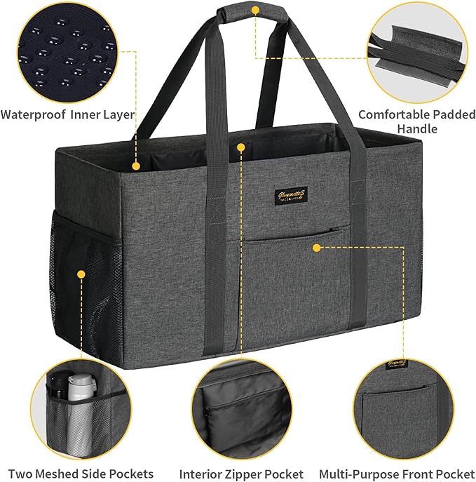 GhvyenntteS Extra Large Utility Tote Bag, Stand Up Utility Tote with Metal Wire Frame & Hard Bottom Board, Reusable Grocery Bags With Handles, Extra Large Beach Bag, Collapsible Car Tote