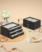 AKOZLIN Jewelry Box with Clear Lid Functional Leather Jewelry Storage Organizer Case 3 Drawers for Women Girls Necklace Ring 