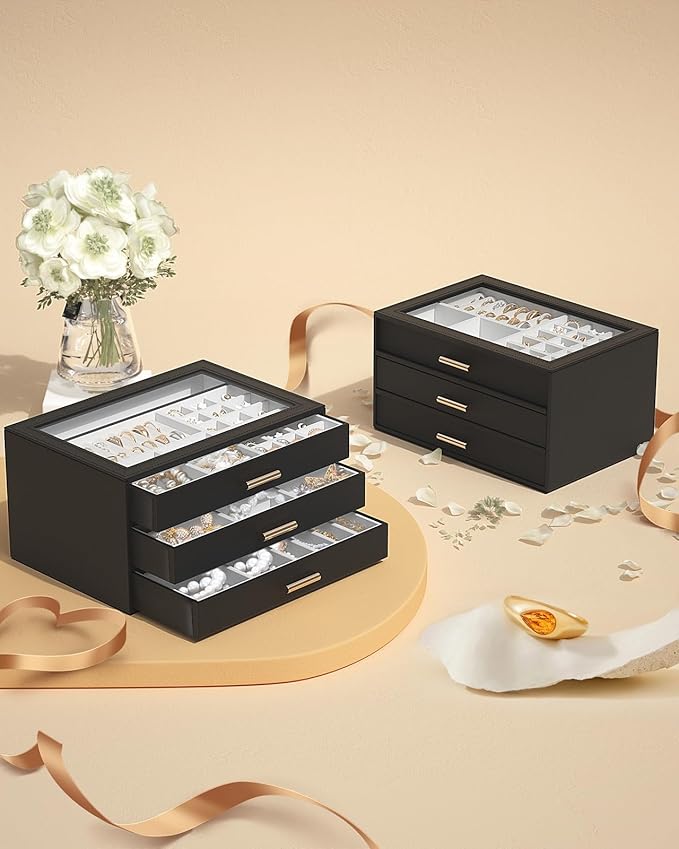 AKOZLIN Jewelry Box with Clear Lid Functional Leather Jewelry Storage Organizer Case 3 Drawers for Women Girls Necklace Ring 