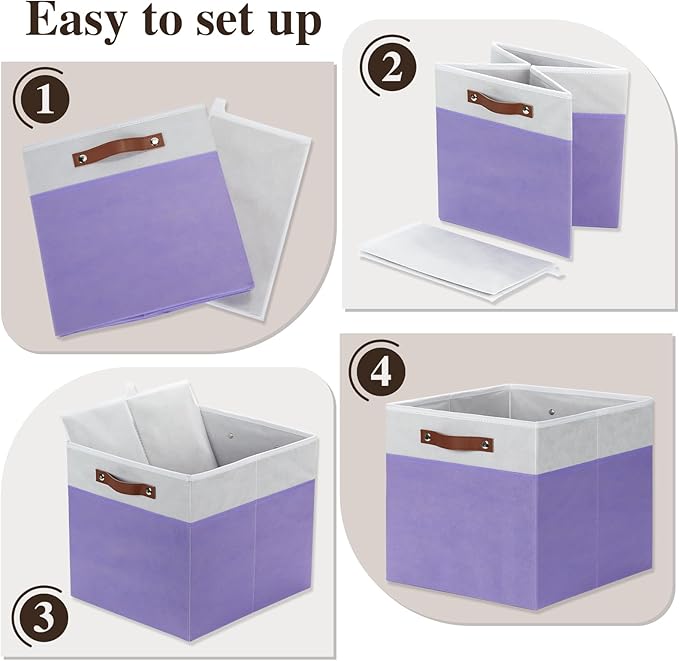 Temary Foldable Cube Baskets 4Pack - Clothes Shelf Storage with Handles, Fabric Storage Organizer Bins (White&Purple, 13x15x1