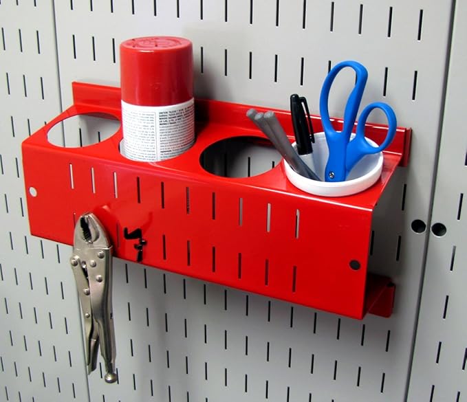 Wall Control Pegboard Spray Can Holder Bracket and Aerosol Can Organizer Pegboard and Slotted Tool Board - Red