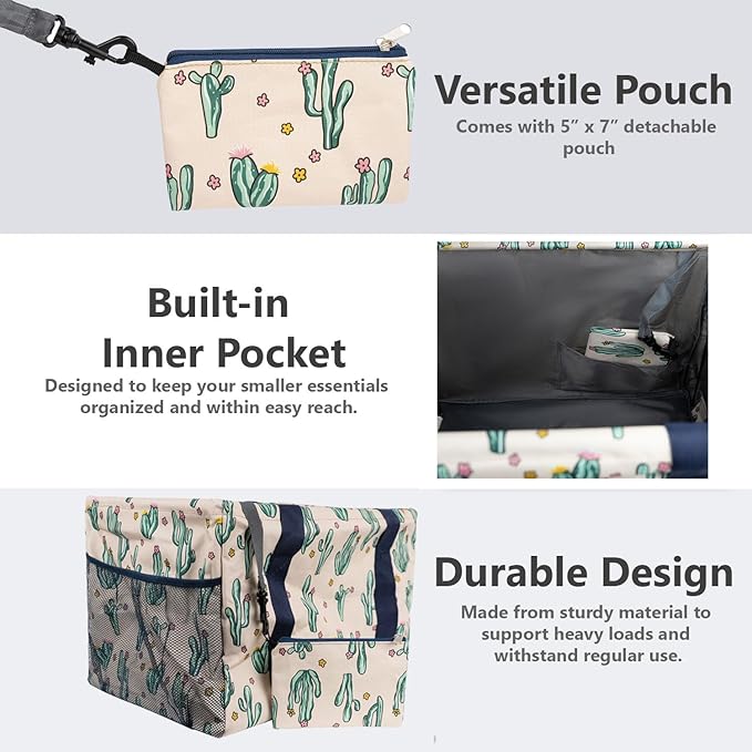 Extra Large Utility Tote Bag - Oversized Collapsible Tote with Wire Frame, Durable Reusable for Beach, Groceries, Laundry, Car Trunk, Storage and Travel - Includes 5x7 Bag with Hook - Cactus