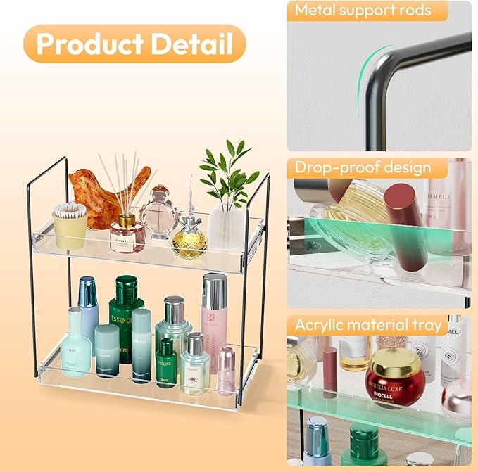Bathroom Countertop Organizer, 2 Tier Acrylic Tray Vanity Counter Skincare Organizer Shelf, Home Storage Holder for Lotion Ma