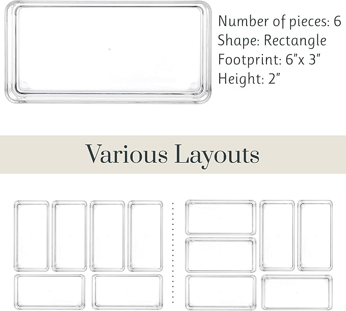 STORi SimpleSort 6-Piece Stackable Clear Drawer Organizer Set | 6" x 3" x 2" Rectangle Trays | Small Makeup Vanity Storage Bi