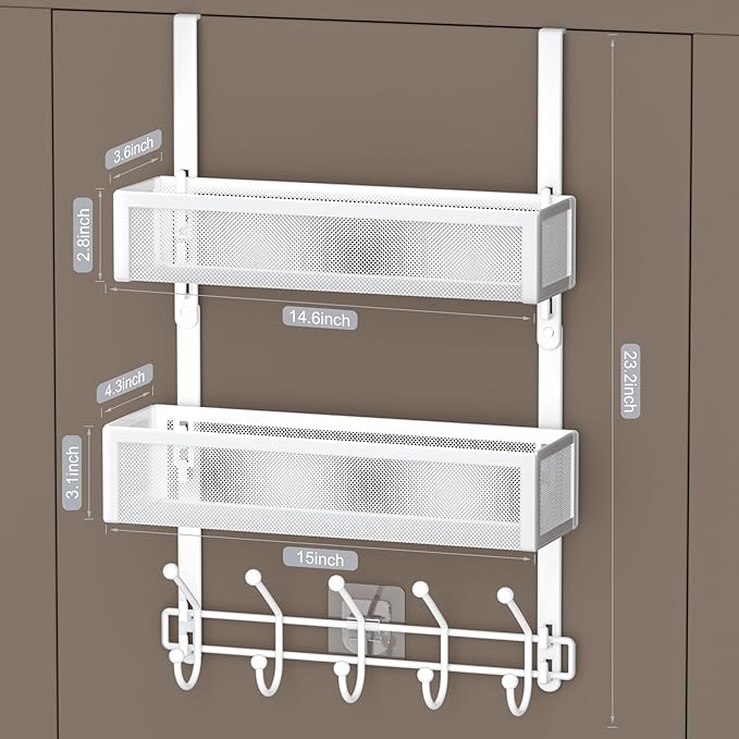 Adjustable Over The Door Hooks Organizer, Door Hanger Coat Rack with 2 Mesh Baskets and 10 Hooks, Back of Door Storage Organi