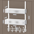 Adjustable Over The Door Hooks Organizer, Door Hanger Coat Rack with 2 Mesh Baskets and 10 Hooks, Back of Door Storage Organi
