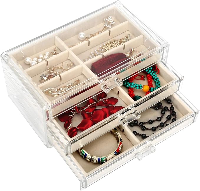 FEISCON Acrylic Jewelry Organizer Makeup Cosmetic Storage Organizer box Clear Jewelry Case with 3 Drawers Adjustable Jewelry 