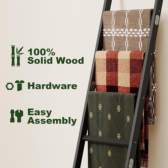 Bamboo Towel Rack 6-Tier Blanket Ladder for Living Room, Bedroom, Bathroom Space-Saving Decorative Ladder for Quilts, Towels 
