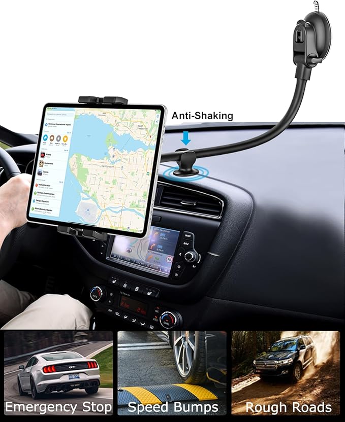 woleyi Tablet Holder for Car Dashboard Windshield [Gooseneck Long Arm] Suction Cup iPad Holder for Car, Car Tablet Mount Compatible with iPad Pro Air Mini, Galaxy Tab, Z Fold, iPhone, 4.7-11" Devices