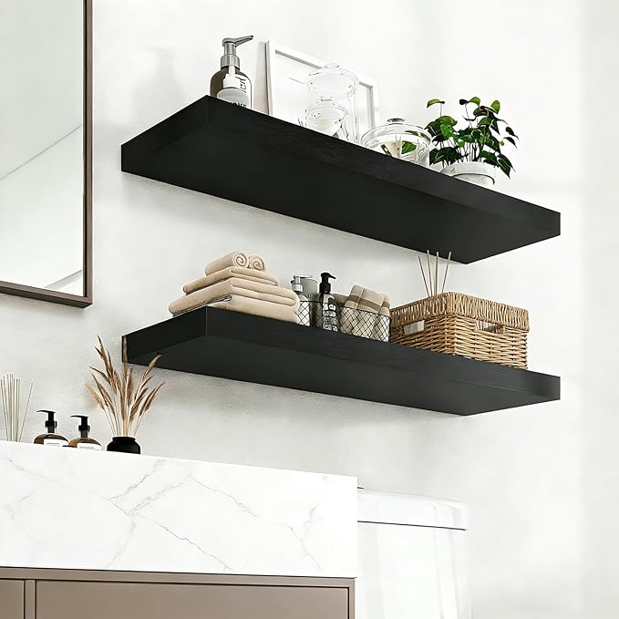 35.8 inch Black Floating Shelves Set of 2, Solid Wood Wall Mounted Shelves, Heavy Duty Display Storage Shelves for Bedroom, L