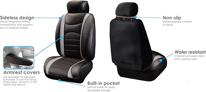 FH Group Car Seat Covers Front Set Gray Black Faux Leather Car Seat Cushions - Car Seat Covers for Low Back Seat, Universal F