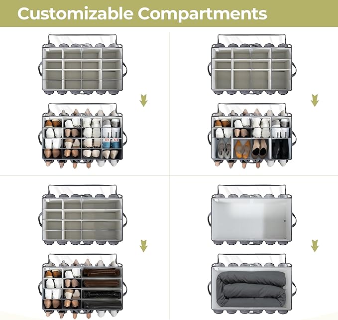 Shoe Organizer for Closet, Shoe Storage Solution with Clear Cover & Adjustable Dividers, Fabric Shoe Box Fits 16 +12 Pairs Sh