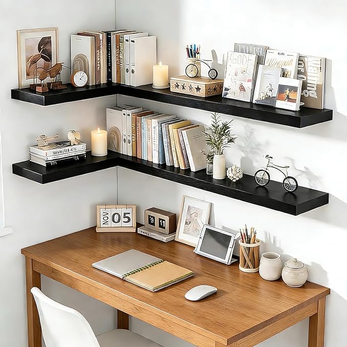 Solid Wood Floating Wall Shelves, Wall Mounted Display Bookshelf for Bedroom, Bathroom, Kitchen, Living Room, Decor Wall,Set 