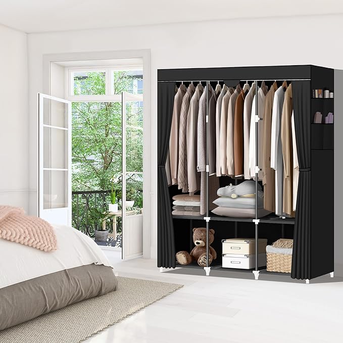 LOKEME Portable Closet, Portable Closets for Hanging Clothes with 3 Hanging Rods and 6 Storage Shelves and 4 Side Pockets, Bl