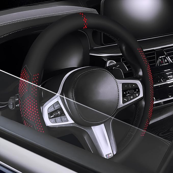 Car Leather Steering Wheel Cover - Panapi Material, Universal 14.5-15 Inch Leather Anti-Slip Breathable Auto Steering Wheel C
