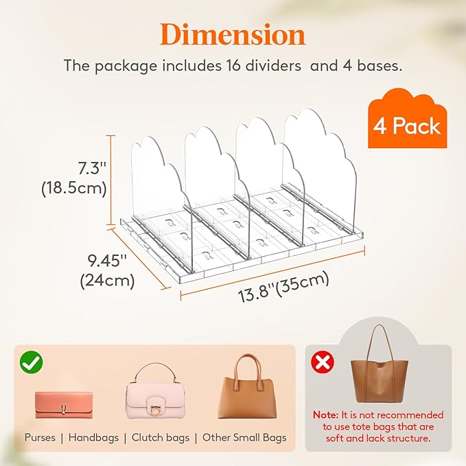 Lifewit Purse Organizer for Closet, Clear Handbags Storage Organizer, Adjustable Clutch Purse Storage Organizer Holder for Cl