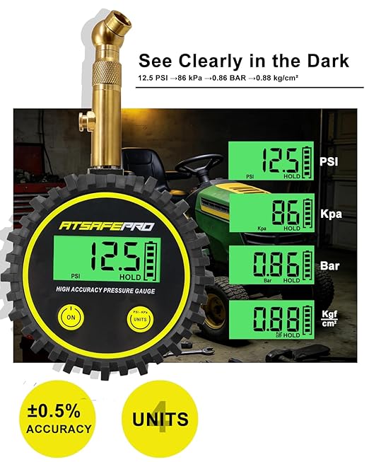 Digital Tire Pressure Gauge for Low Pressure Tires - 0-15 PSI ±0.5% Accuracy, Backlit LCD with 4 Units & Battery Indicator, 360° Swivel Head for Schrader Valve, Fit for ATVs, UTVs, Golf Carts