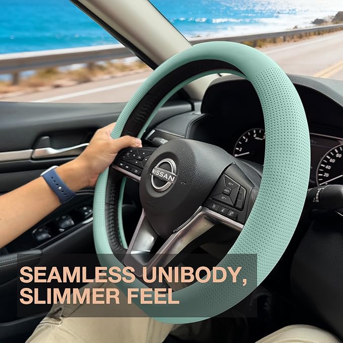 PINCTROT D Shaped Nappa Leather Steering Wheel Cover, Slim Fit No Bulk Design, One Piece Leather with Breathable Perforation,