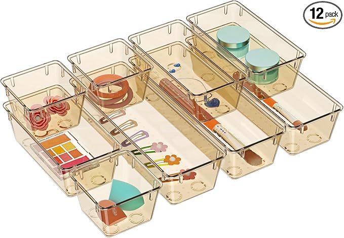 WOWBOX 12 Pack Clear Drawer Organizer Set, Acrylic Drawer Storage Trays, Storage Bins for Makeup, Cosmetics, Jewelries, Utens