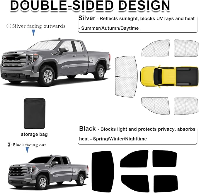 KMF 5pcs Thicken Sun Shades for GMC Sierra 2019-2025(1500 2500 3500) Accessories,Car Window Covers Sunshade for Windshield Side, Sun Visor UV Block and Blackout Privacy for Camping
