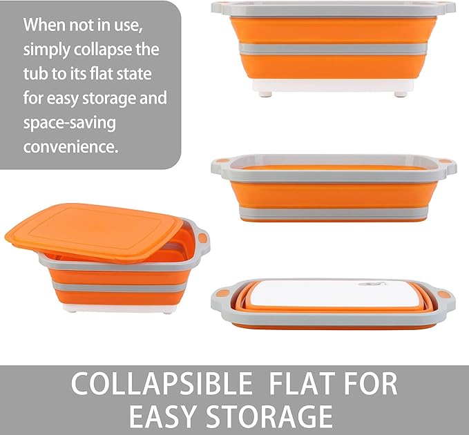 Collapsible Cutting Board with Container, Foldable Camping Sink with Colander, BBQ Prep Tub with Lid, Multifunction Dish Basi