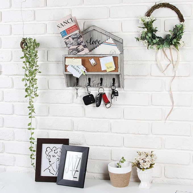 J JACKCUBE DESIGN Wall Mounted Rustic White Wash Mail and Key Holder, Wooden Floating Organizer with Mail Storage, 4 Key Hold