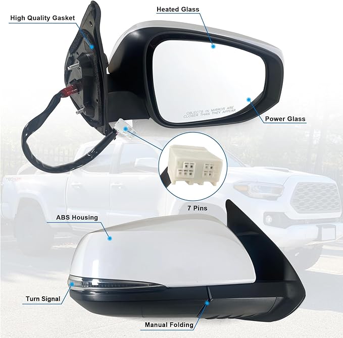 Right Passenger side Mirror Fits 2016-2022 Toyota Tacoma With Power Glass, Heated, Turn Signal丨Without Blind Spot Detection Match to White Paint Replace TO1321349 (7Pins)
