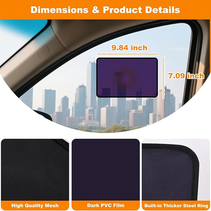 Square Static Cling Car Window Shades for Windshield & Side Windows – Universal Fit (9.84" x 7.09") Driver Side Window Sunshade, Glare-Reducing Window Cover with Durable Mesh & Dark PVC Film