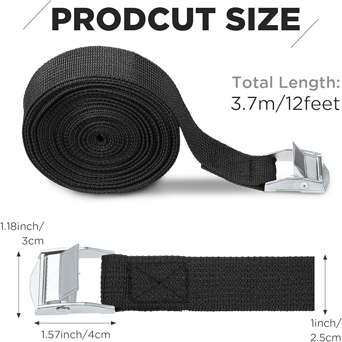 Riakrum 15 Pack 12 Feet Lashing Straps Adjustable Kayaks Tie Down Cam Buckle Straps with Buckles up to 250lbs for Cargo, Luggage, Motorcycles, Truck, Car Roof Rack, Sup Surfboard(Black)