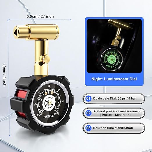 Schrader and Presta Bicycle Tire Pressure Gauge 60 PSI / 4 Bar, Tire Air Pressure Gauge Luminous Dial, Suitable for Car, Motorcycle, Bike, SUV