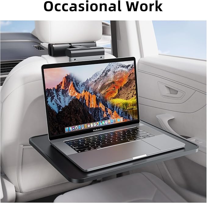Car Back Seat Tray Table with Stable Metal Arm, Foldable Adjustable Backseat Desk for Rear Passengers, Travel Tray with Phone & Drink Holder for Road Trip, Eating, Working, Laptop & Tablet