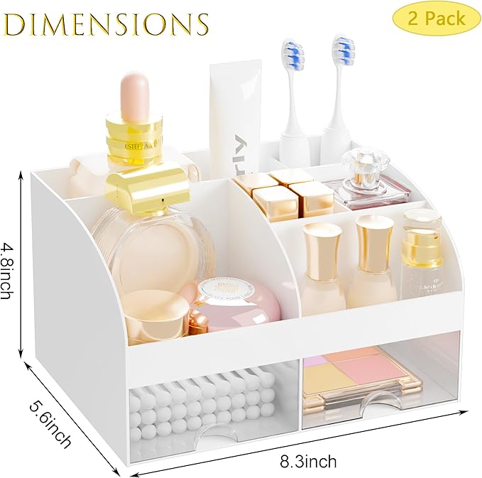Makeup Organizer with 2 Drawers, Cosmetic Storage for Dresser Vanity and Bathroom Countertop,Make up organization and Skincar
