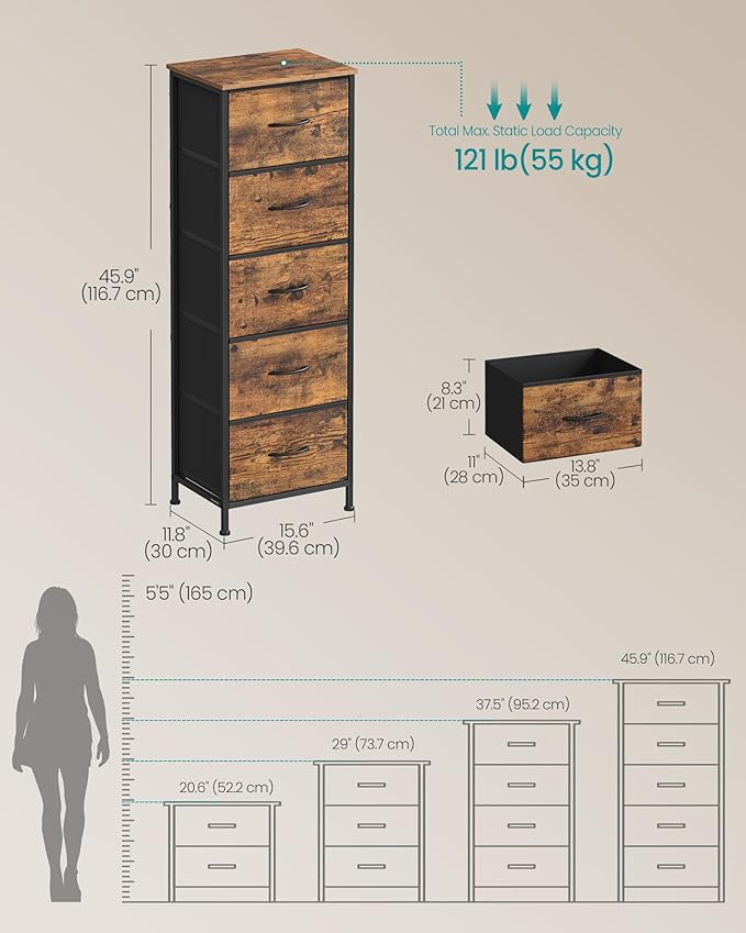 SONGMICS Dresser for Bedroom, Chest of Drawers, Steel, MDF, 5 Non-Woven Fabric Drawers, Storage Organizer Unit, Closet, Entry