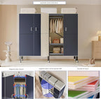 Heavy Duty Covered Clothes Rack with Magnetic Door Foldable Portable Wardrobe Closet for Hanging Clothing Rolling Black Metal