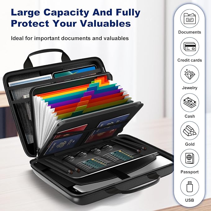 Fireproof Document Box, Hard Case Fireproof File Organizer with Lock and 13 Pocket Accordion File Folder, Portable Safe Box f