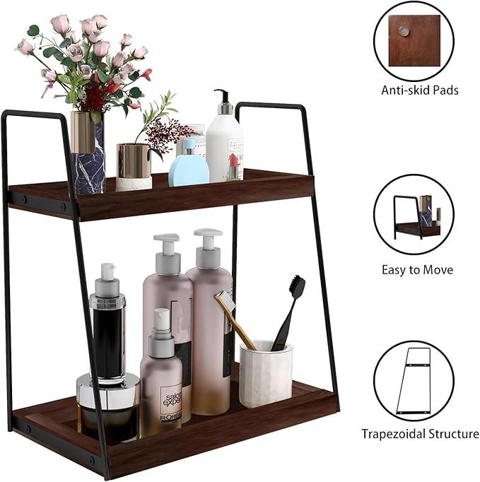 Dorhors 2 Tier Bathroom Counter Organizer Storage,Vanity Organizer for Bathroom Counter,Wood Standing Rack for Kitchen(Walnut