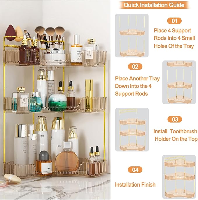 SUNZOS Corner Bathroom Counter Organizer, 3-Tier Countertop Perfume Tray Organizer with Makeup Brush Holder, Vanity Makeup Co