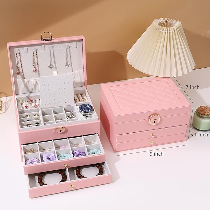 GUOER Jewelry Box for Women Girl Wife 3 Layers Large PU Leather Jewelry Organizer Storage Case with Two Layers Display for Ea